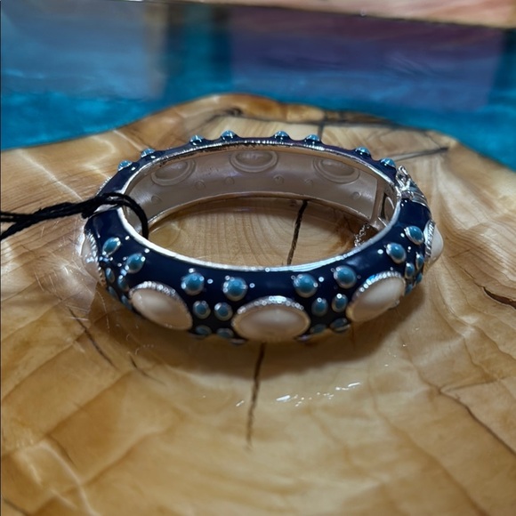 J. Crew Vintage Blue Cream Cabochon Enamel Silver Cuff Bracelet - Picture 1 of 1